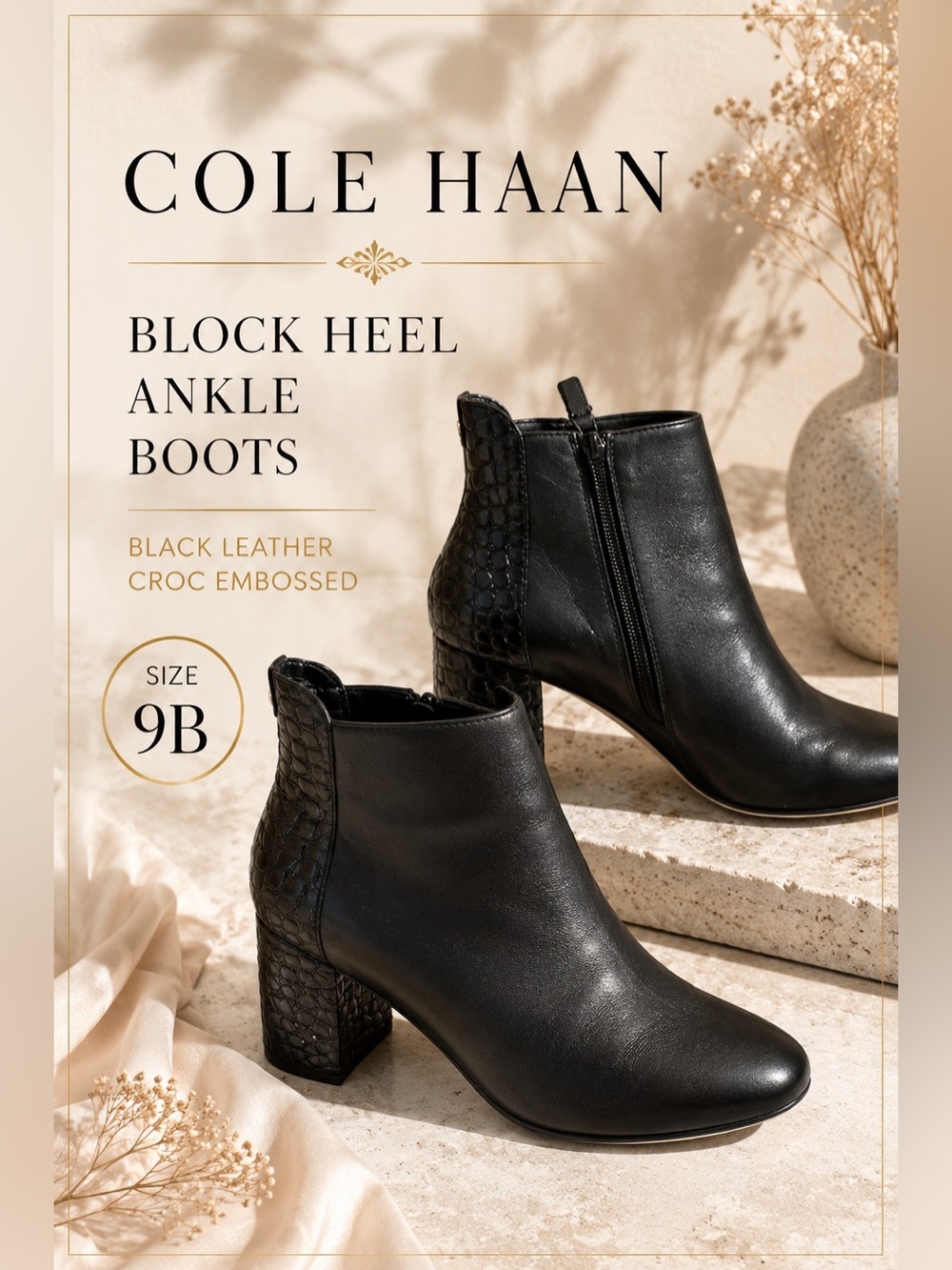Cole Haan Black Leather Croc Embossed Block Heel Ankle Boots Size 9B